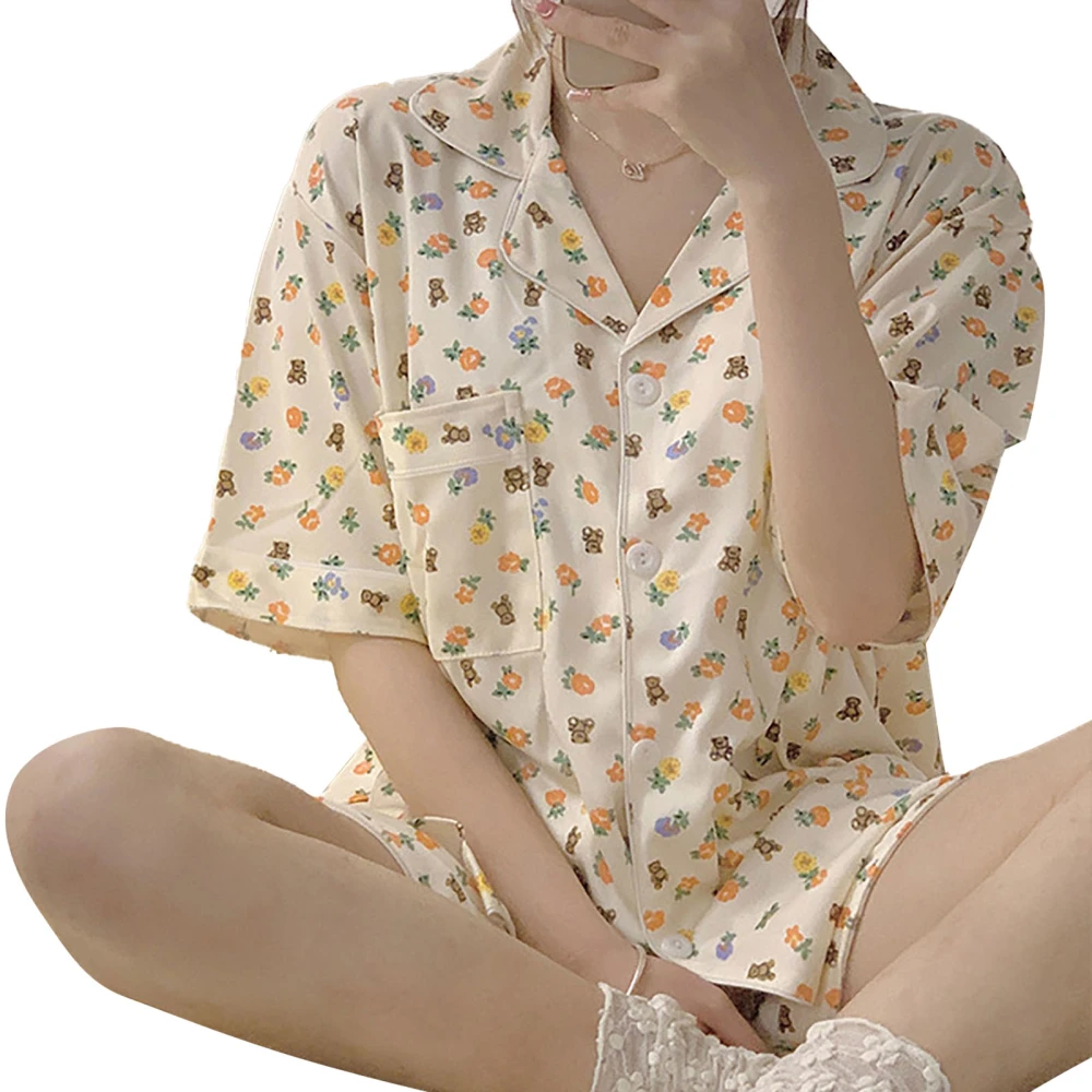 Women Short Sleeves Pajamas Turn Down Collar Button Closure Two Piece Summer Sleepwear Flower Bear Printing L