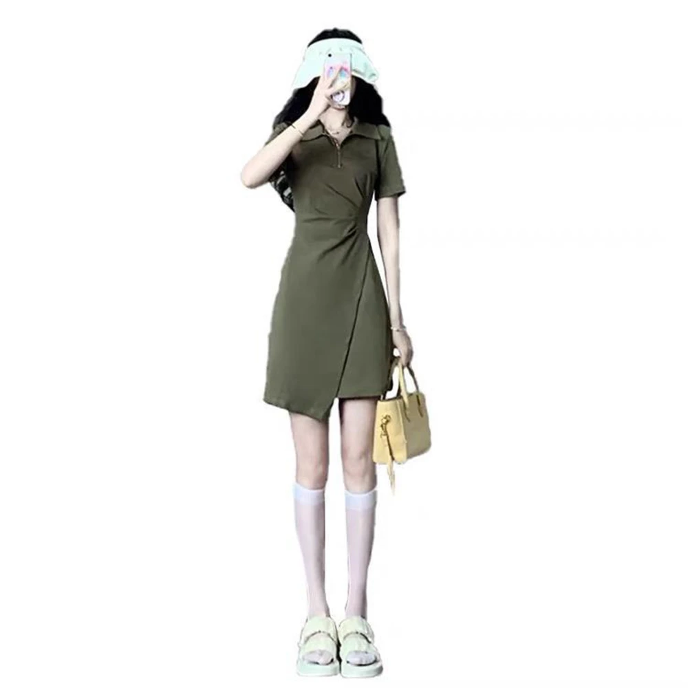 Half Zipper Short Dress Plain Color Slim Fitted Short Sleeve Dress for Women Lady Summer OD Green L