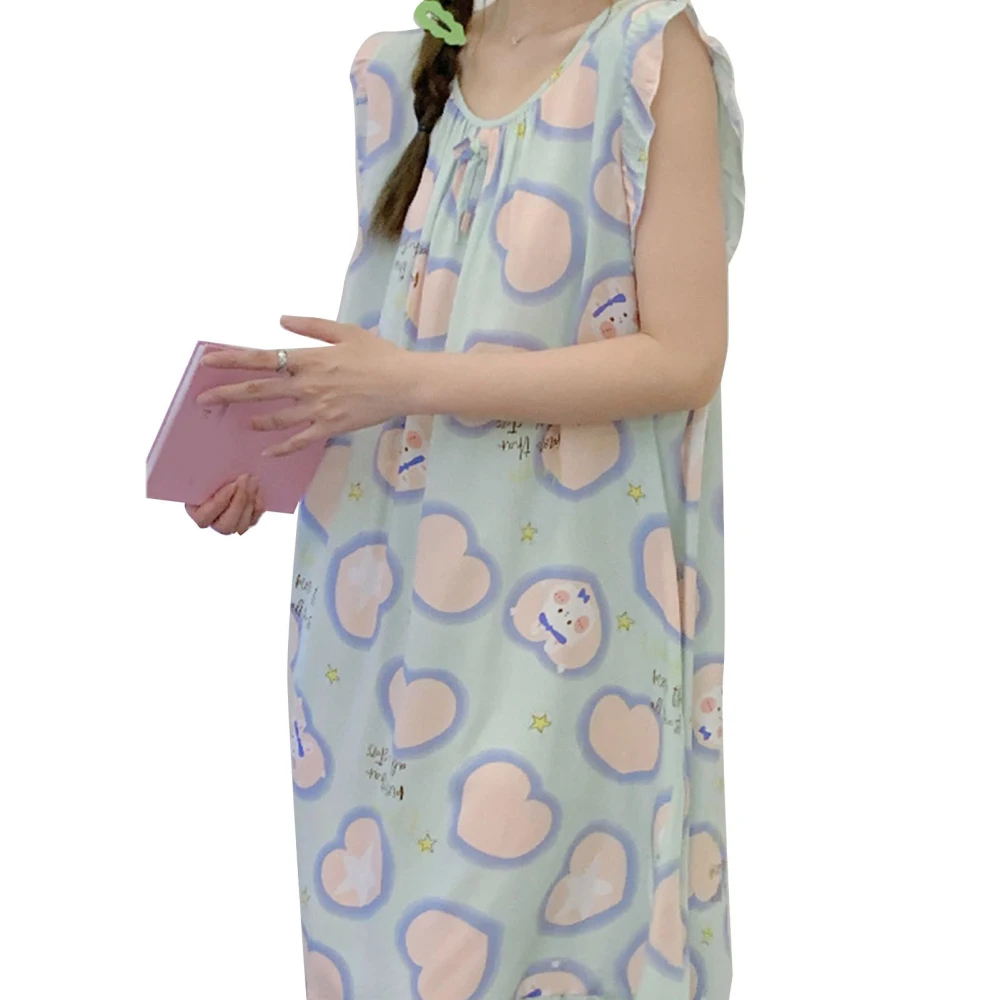 Women Nightgown Comfortable Casual Cute Love Heart Printing Summer Sleep Dress for Students Light Blue Free Size