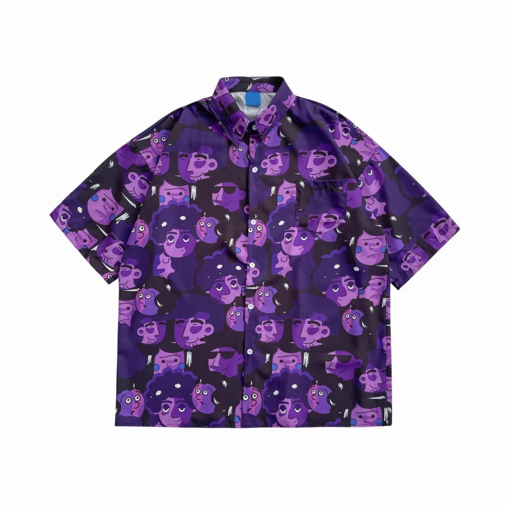 Men Button Down Shirt Half Sleeve Cartoon Characters Causal Loose Men Short Sleeve Button Shirt for Summer Purple XXL