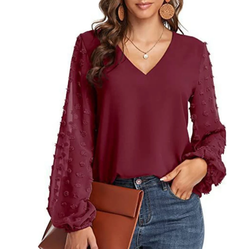 Women Chiffon Blouses V Neck Patchwork Long Sleeve Casual Women Elegant Blouse Top for Spring Summer Wine Red L Wine Red