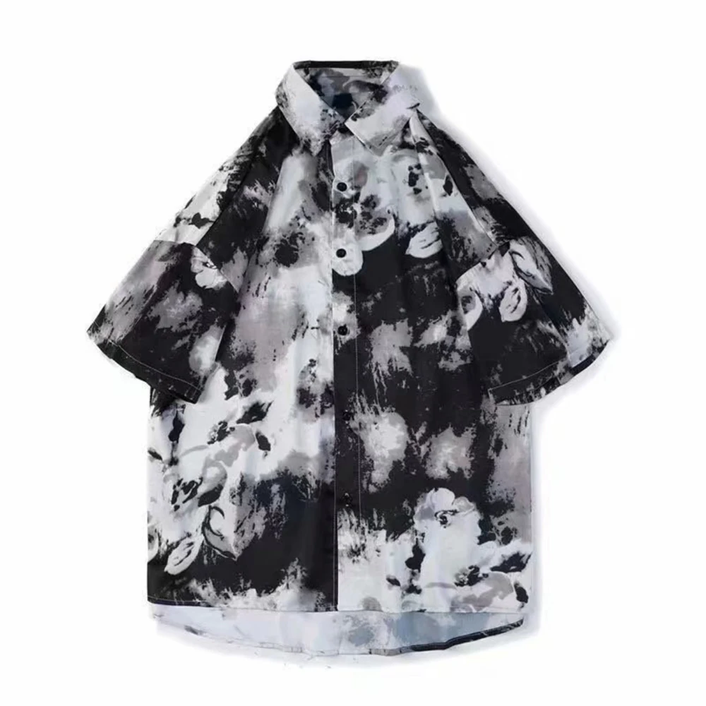 Men Button Down Shirt Stylish Tie Dye Casual Men Half Sleeve Button Shirt for Summer Daily Party School Black Gray 2XL