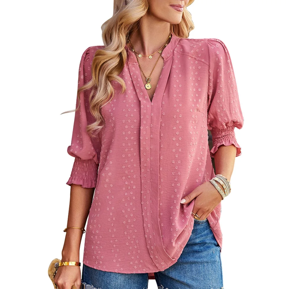 Women Half Sleeve V Neck Top Elegant Fashionable Plain Color Puff Sleeve Elastic Shirred Cuff Shirt Blouse Pink M