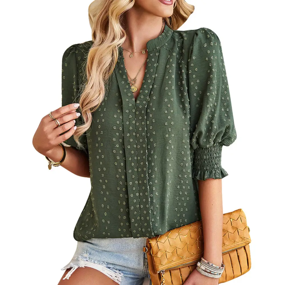 Women Half Sleeve V Neck Top Elegant Fashionable Plain Color Puff Sleeve Elastic Shirred Cuff Shirt Blouse OD Green XL