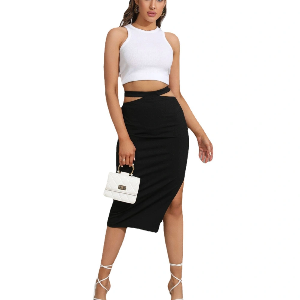 Women Split Thigh Skirt Black Cut Out High Waist Slim Fit Midi Length Bodycon Skirt For Women Black XL