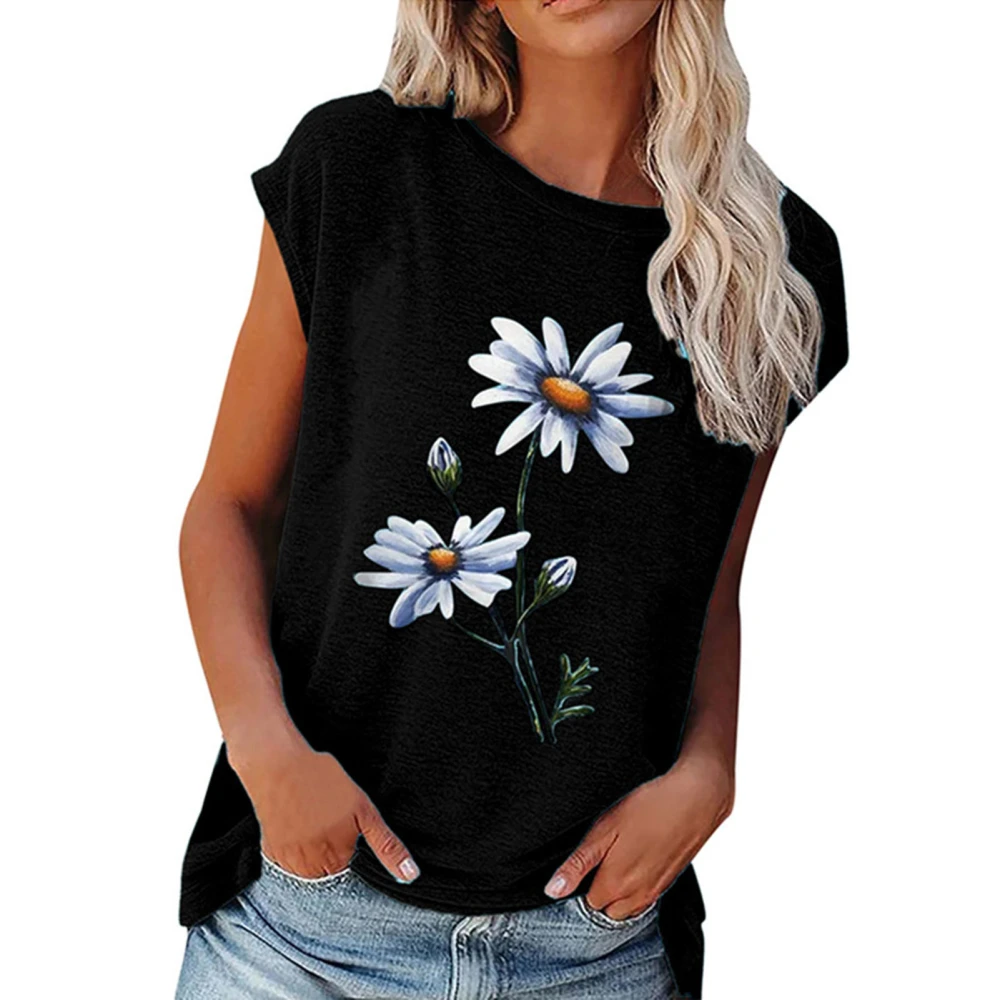 Short Sleeved Blouse Top Round Neck Floral Printed Short Sleeve Blouse for Women Dating Black XL