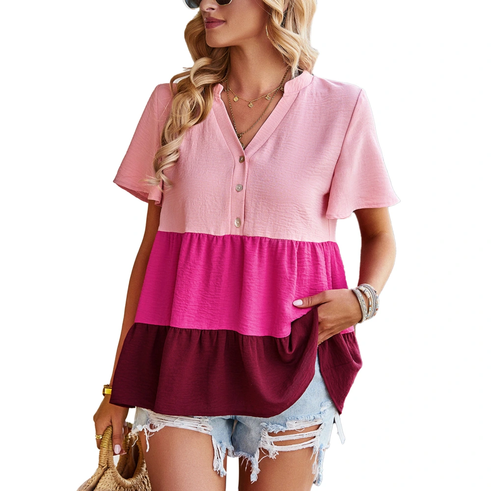 Women Ruffle Hem Tops Plus Size Button Front Ruffle Hem Short Sleeve Color Block V Neck Blouse Shirt Pink XL