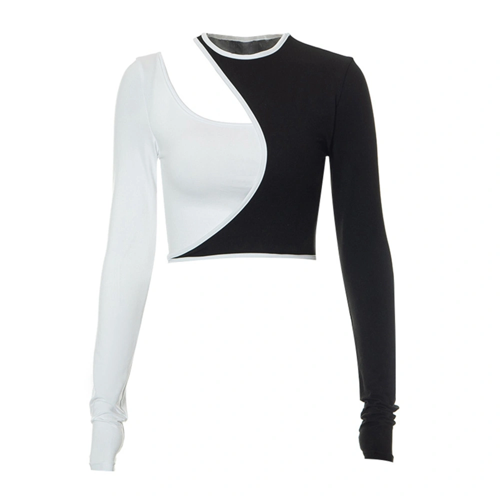 Woman Color Block Long Sleeve Crop Top Round Neck Slim Fitted Cut Out T Shirt Blouse for Summer Black and White L