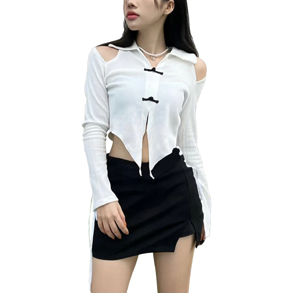 Women Cold Shoulder Top Turn Down Collar Cut Out V Neck Long Sleeve T Shirt for Summer White L