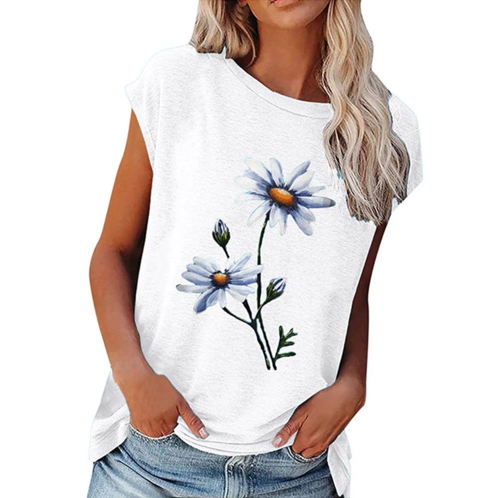 Short Sleeved Blouse Top Round Neck Floral Printed Short Sleeve Blouse for Women Dating White XXL