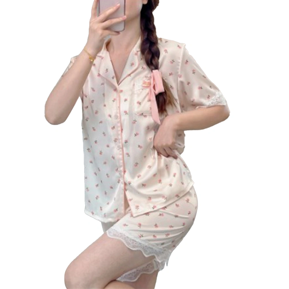 Women Shorts Pajamas Set Two Piece Lace Trim Turn Down Collar Short Sleeve Floral Printed Sleepwear Set White XL