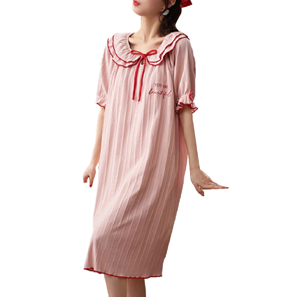 Women Short Puff Sleeve Night Dress Ruffle Trim Vintage Loose Fitting Cotton Loungewear Sleepwear Pink L