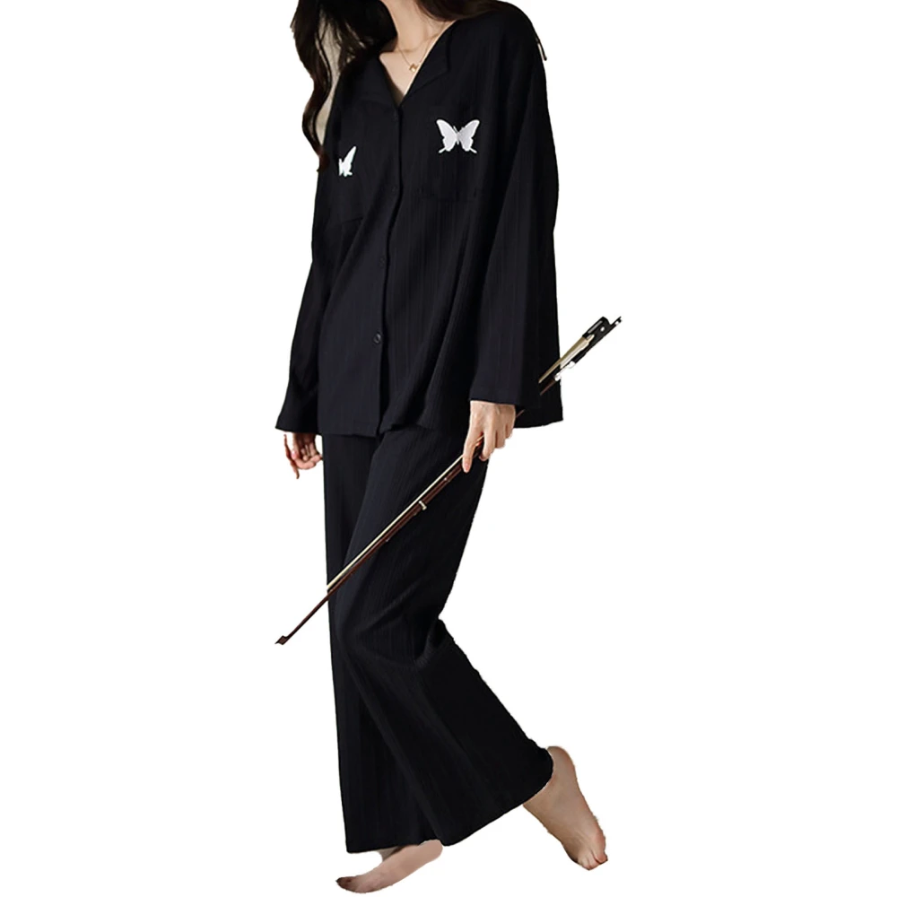 Long Sleeve Sleepwear V Neck Button Down Butterfly Pattern Embroidery Milk Silk Pajama Set Women Sleep Set Black 7079# L