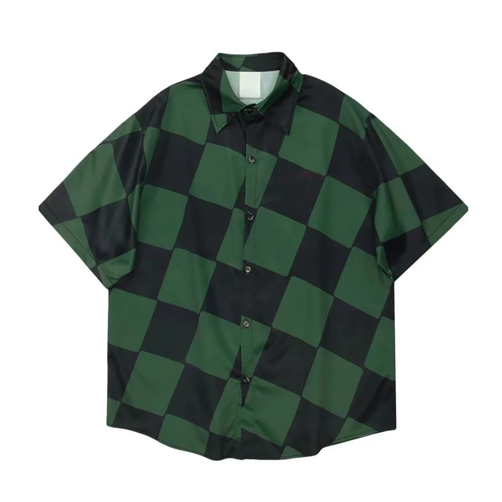 Man Casual Short Sleeve Plaid Shirt Colorblock Loose Fit Oversized Collared Button Down Top Green L