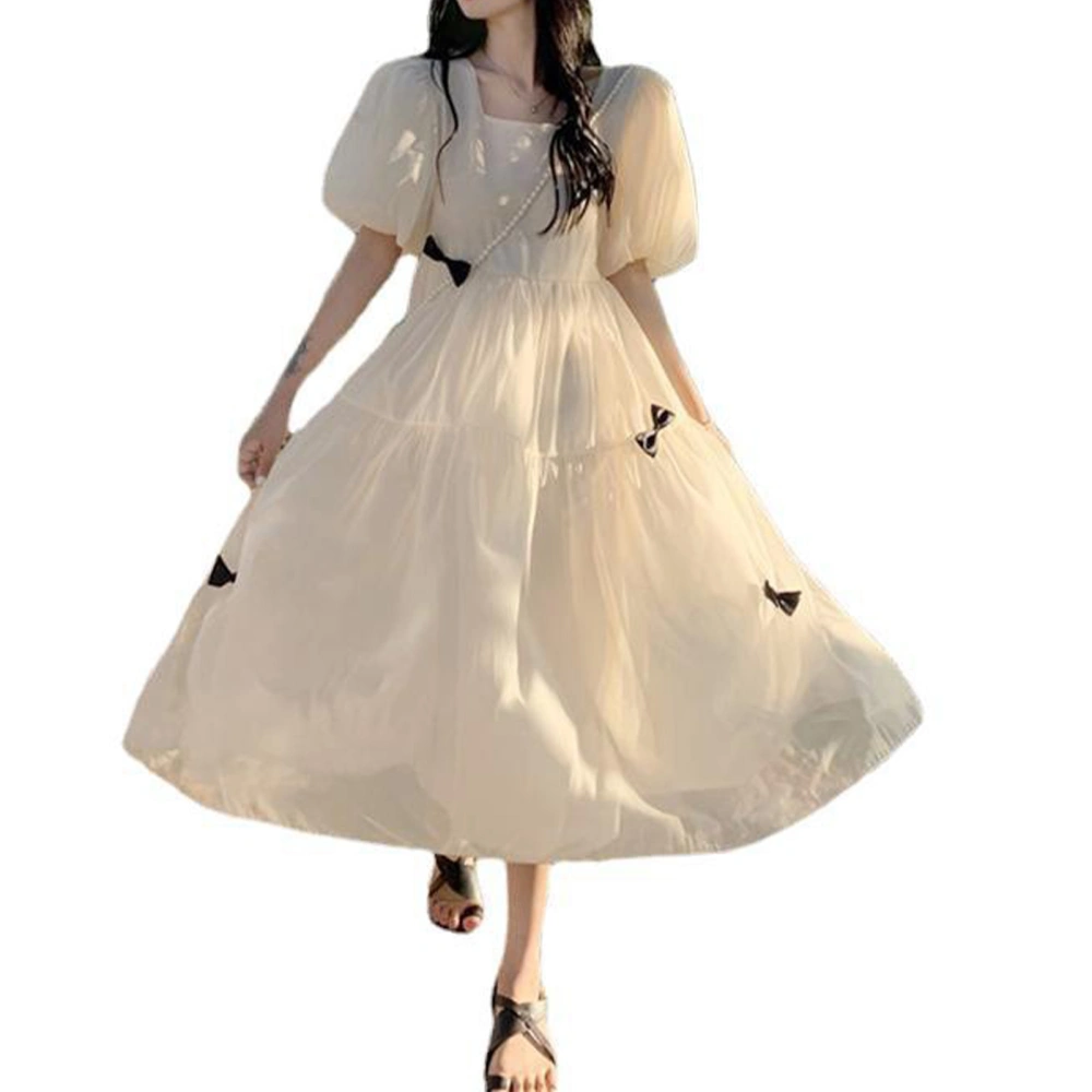 Women Dress Fashionable Sweet Gentle Style Breathable Showing Thin Lady Dress with Bow Decor for Summer Beige Apricot L