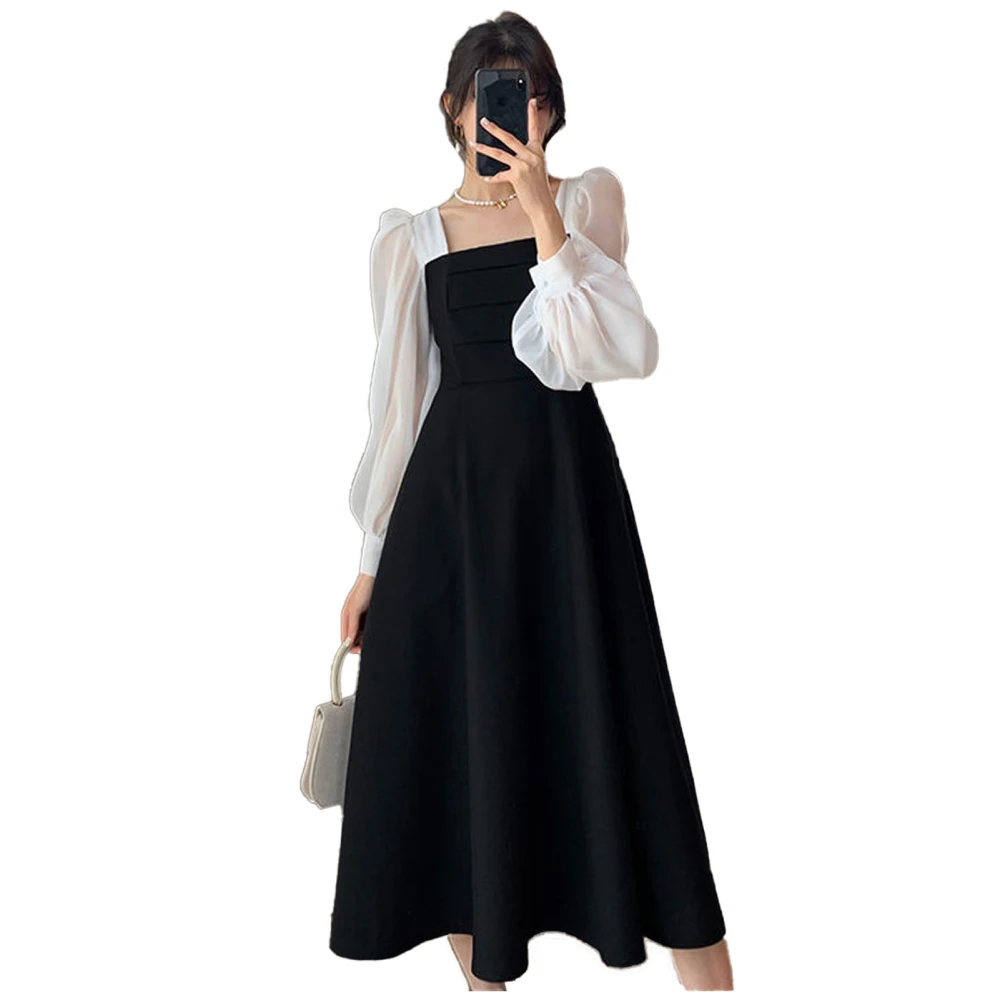 Women Long Dress Spliced Long Puff Sleeves Loose Hem Slim Waist Vintage Dress for Autumn Black L