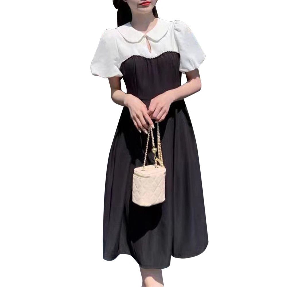 Elegant Dress Doll Collar Short Puff Sleeves Sweet Black White Slim Fit Women Dress for Dinner Date Holiday Black L