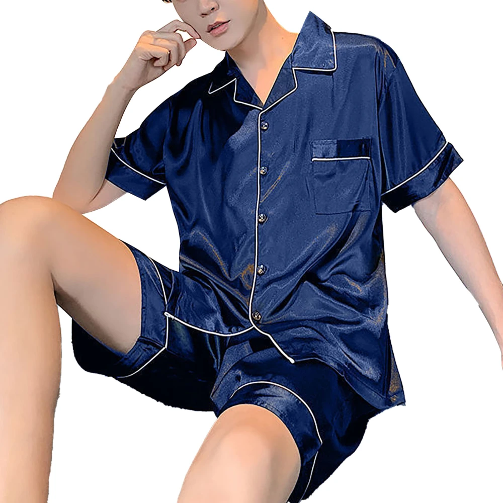 Men Pajamas Set Short Sleeve Ice Silk Wrinkle Free Breathable 2 Piece Top Shorts Nightwear for Home Dorm Dark Blue XXL