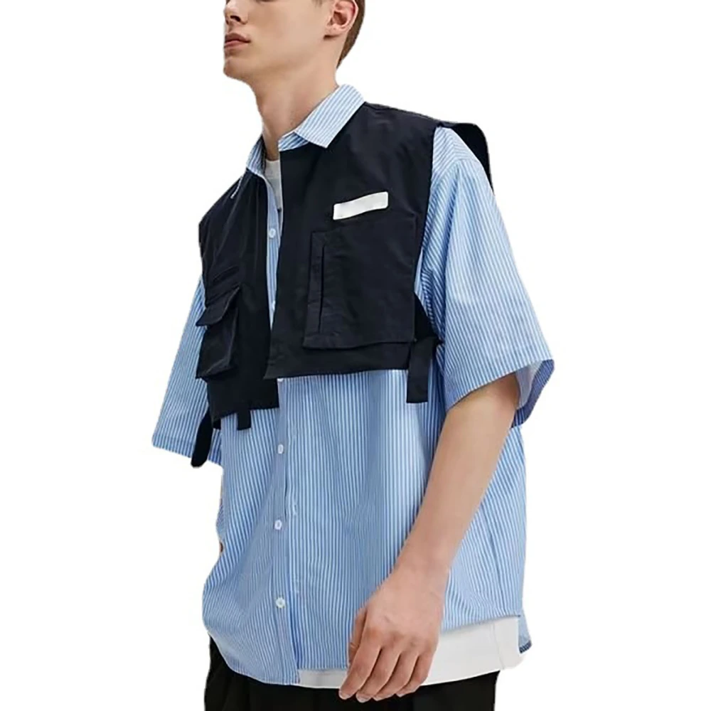 Man Short Sleeve T Shirt Fashionable Oversized Fake Two Piece Loose Casual 2 in 1 Shirts with Vest Stripe XL