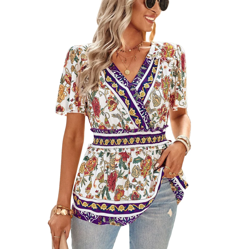 Cross Wrap Blouse V Neck Floral Printed Vintage Cross Wrap Short Ruffle Sleeved Blouse for Women Lady Summer Purple L