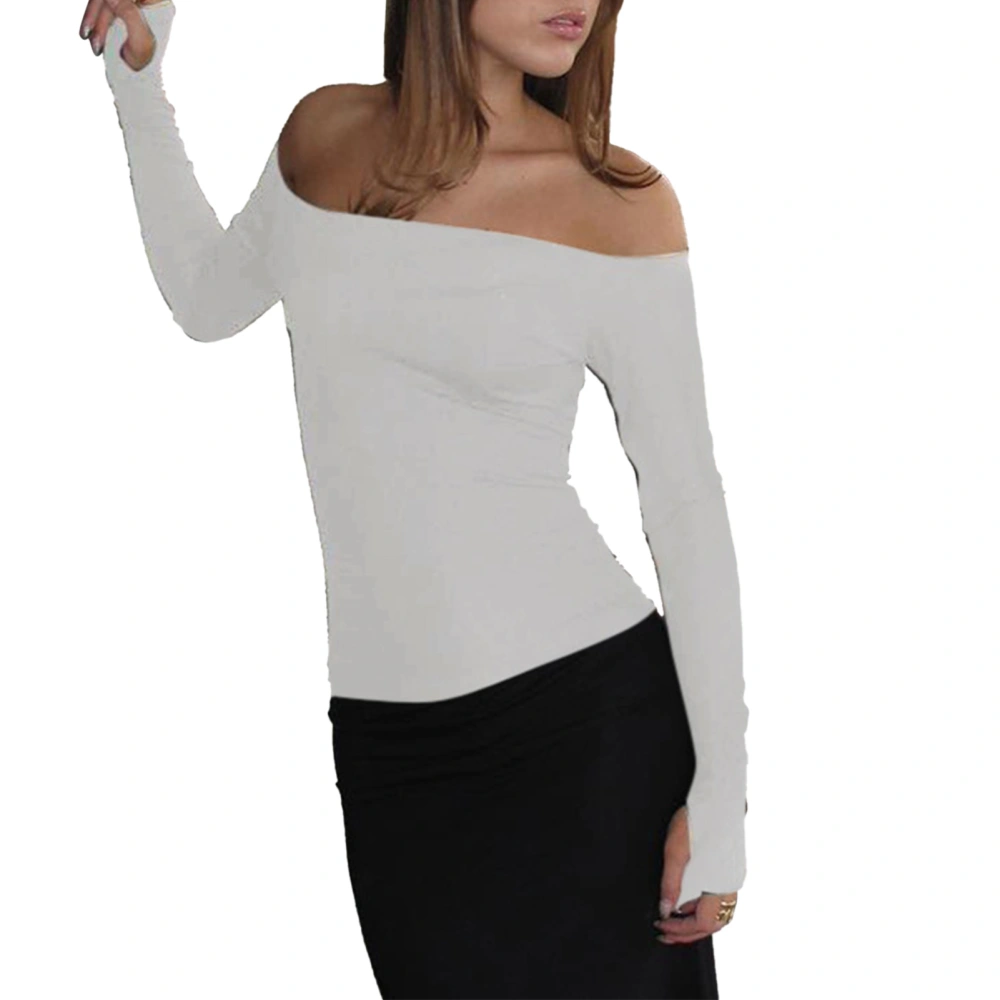 Off Shoulder Top Long Sleeve Pure Color Hollow Out Fashionable Comfortable Breathable for Dating Work Shopping White L