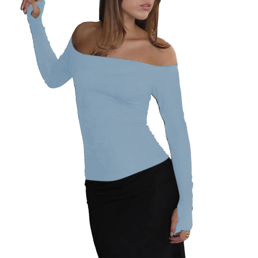 Off Shoulder Top Long Sleeve Pure Color Hollow Out Fashionable Comfortable Breathable for Dating Work Shopping Light Blue S