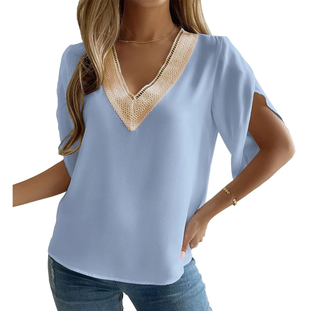 Petal Sleeve Blouse Top Guipure Lace V Neck Petal Short Sleeve Blouse for Summer Spring Blue S