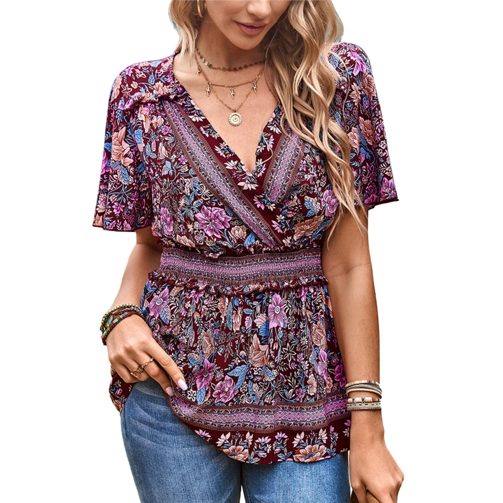 Cross Wrap Blouse V Neck Floral Printed Vintage Cross Wrap Short Ruffle Sleeved Blouse for Women Lady Summer Burgundy M