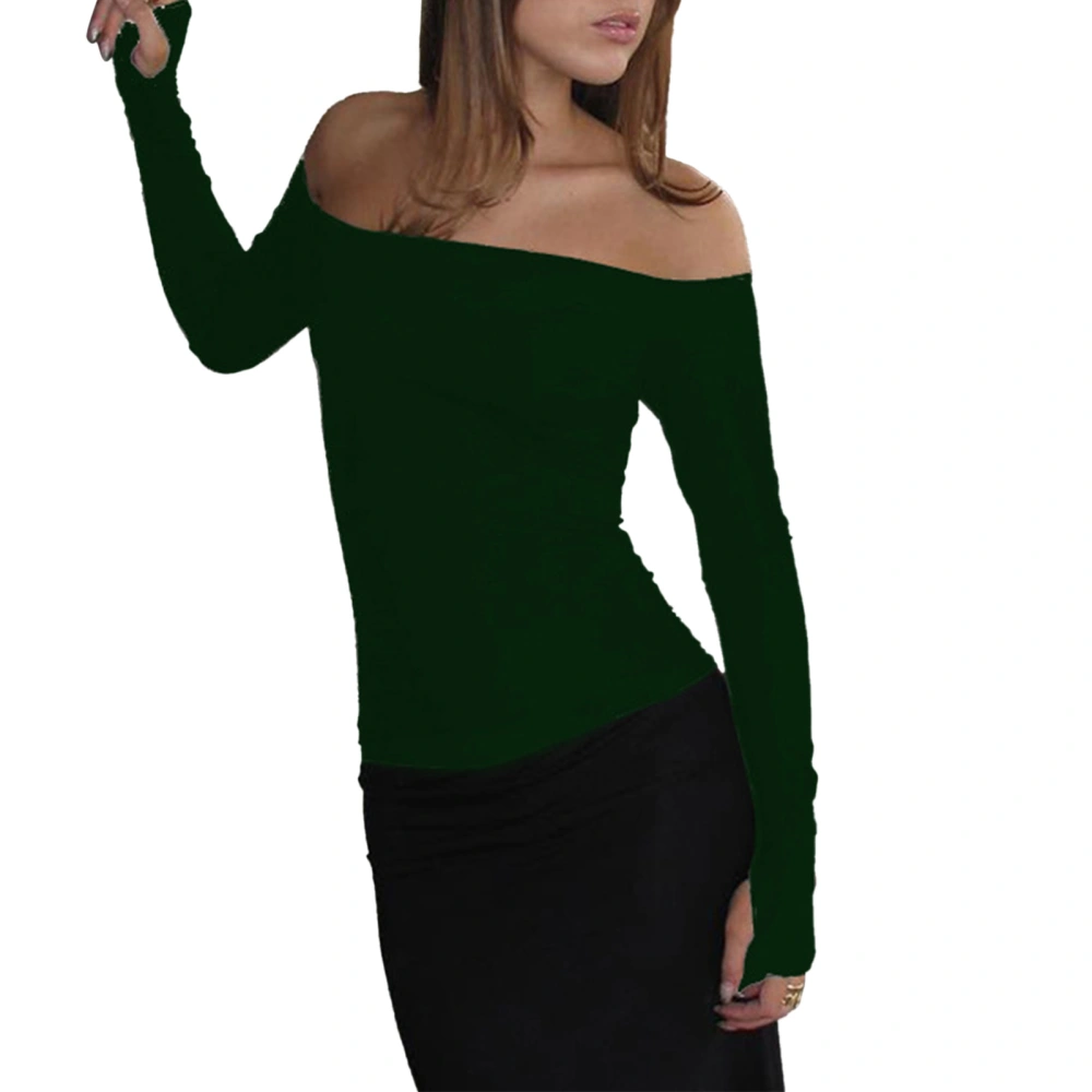 Off Shoulder Top Long Sleeve Pure Color Hollow Out Fashionable Comfortable Breathable for Dating Work Shopping Dark Green M