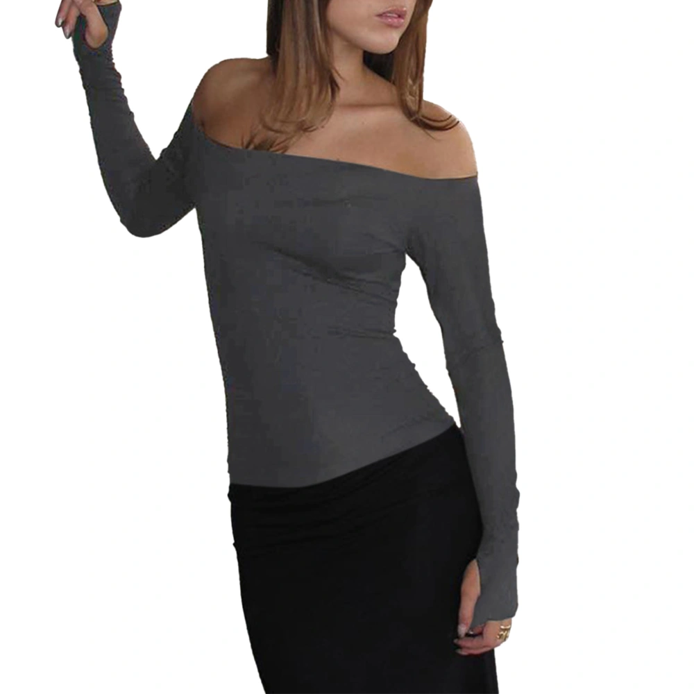 Off Shoulder Top Long Sleeve Pure Color Hollow Out Fashionable Comfortable Breathable for Dating Work Shopping Gray L