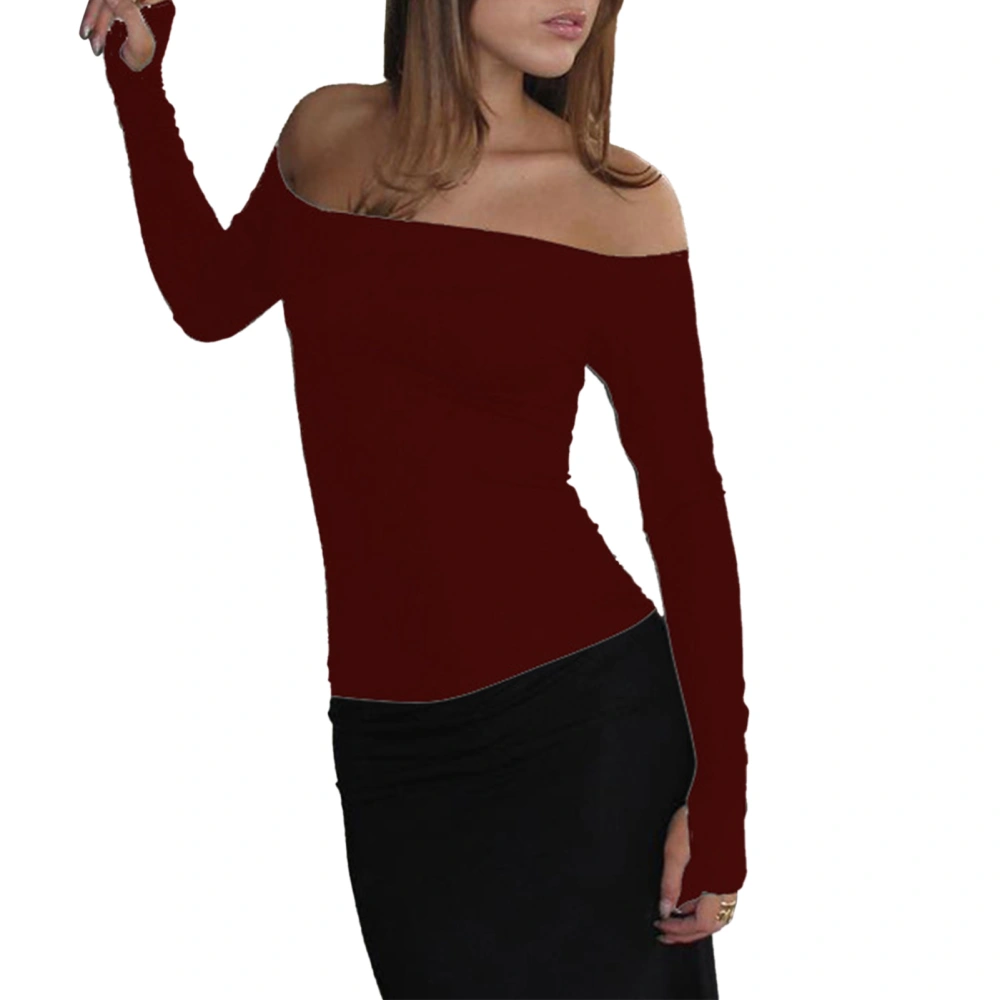 Off Shoulder Top Long Sleeve Pure Color Hollow Out Fashionable Comfortable Breathable for Dating Work Shopping Dark Red L