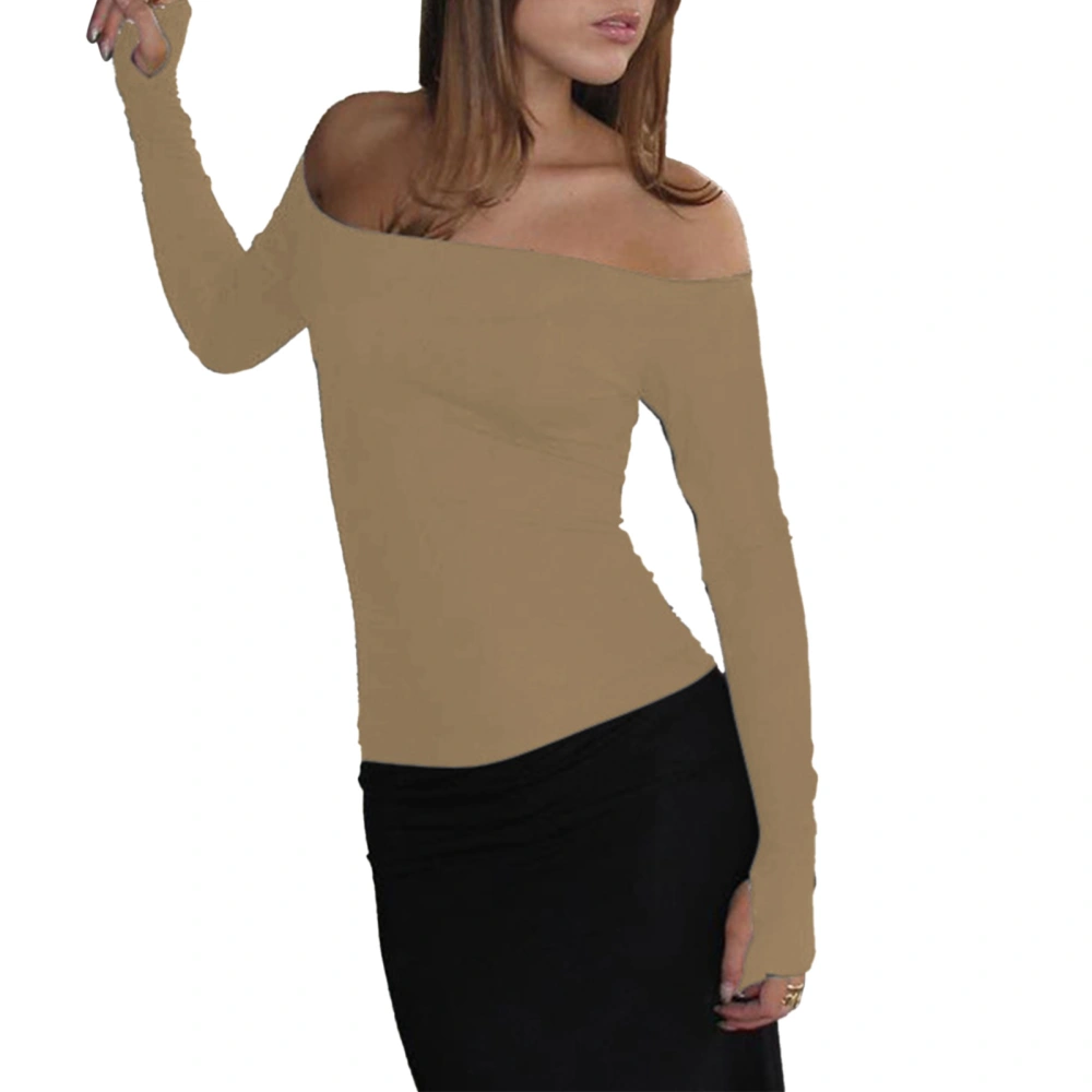 Off Shoulder Top Long Sleeve Pure Color Hollow Out Fashionable Comfortable Breathable for Dating Work Shopping Khaki S