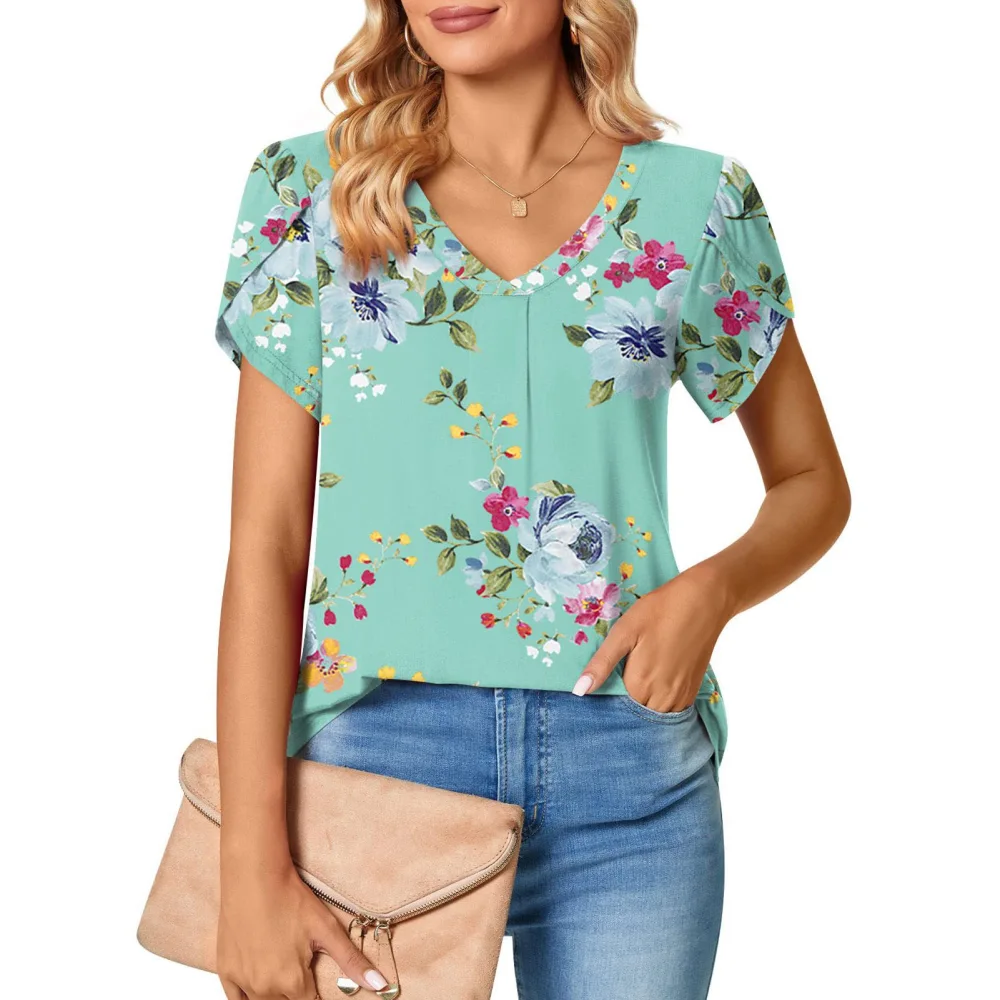 Women V Neck T Shirt Short Petal Sleeves Back Pleated Midline Loose Fitting Casual Blouses Mint Green S