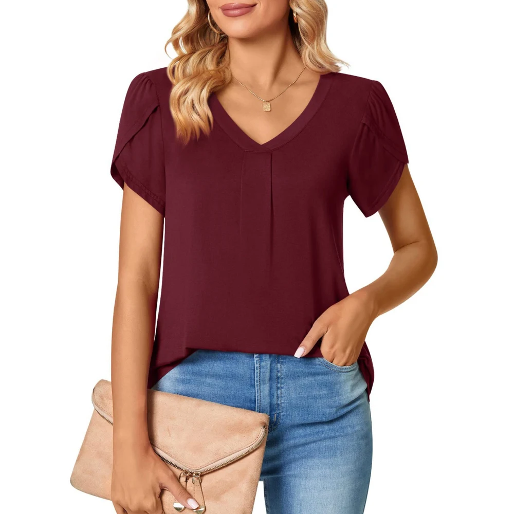 Women V Neck T Shirt Short Petal Sleeves Back Pleated Midline Loose Fitting Casual Blouses Wine Red S