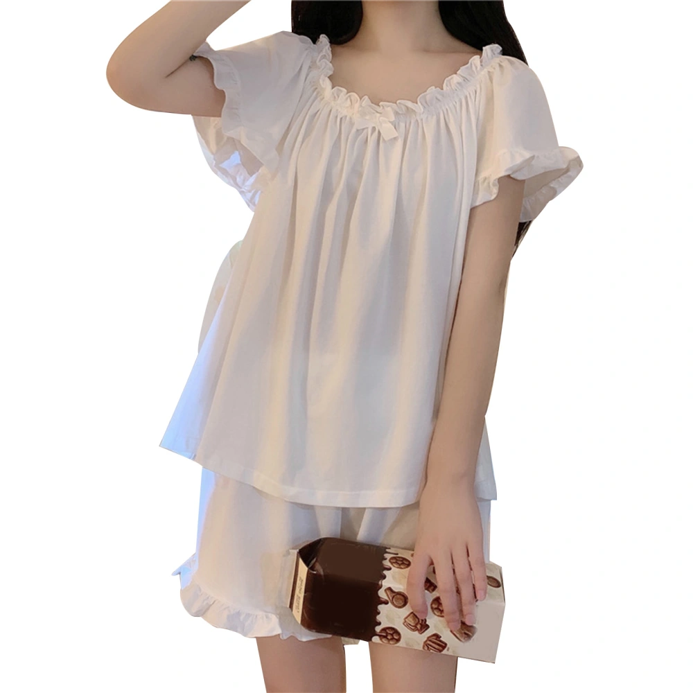 Cute Short Sleeve Pajamas Loose Fit Soft Breathable Casual Student Sleepwear Set for Summer White Ruffle Design L