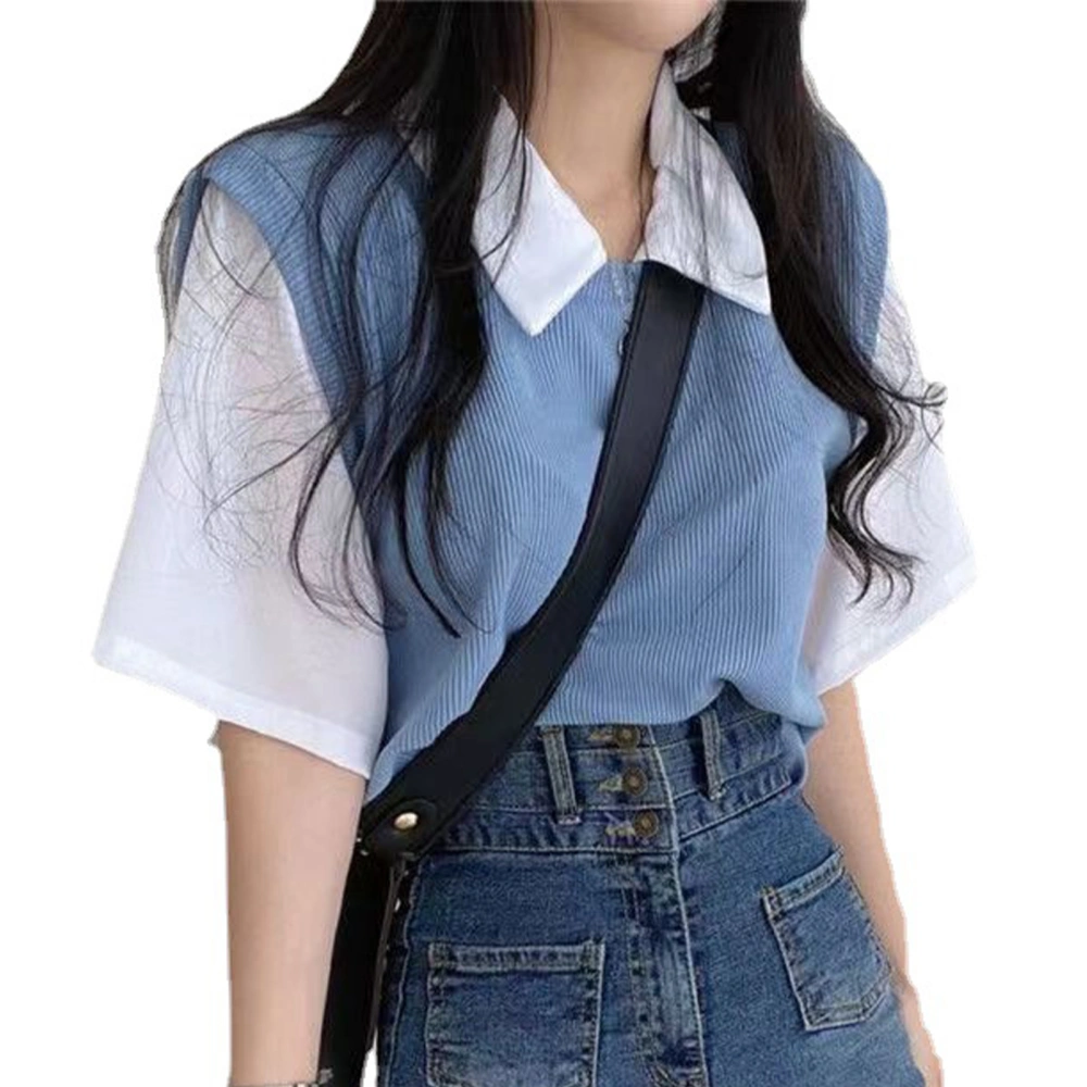 Women Short Sleeve T Shirt Two Piece Style Turn Down Collar Color Contrasting Summer Top Blue Free Size(40-60kg)