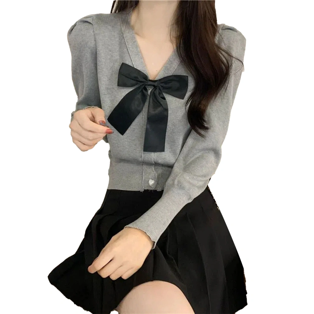 Women Short Sweater Long Puff Sleeves Front Bowknot Decor Casual Knitted Top for Autumn Grey Free Size(35-60kg)