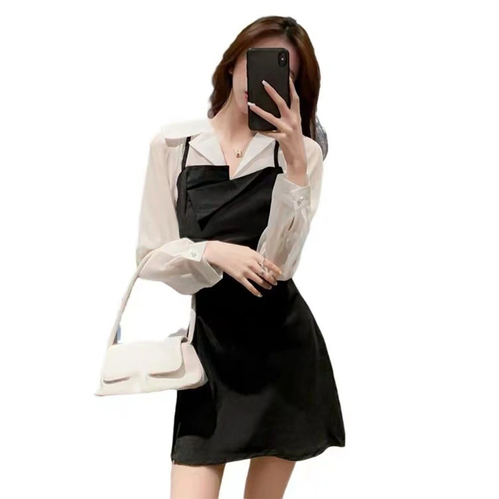 Fake Two Piece Dress Women Long Sleeve Dress with Spaghetti Strap Irregular Black White Stitching Dress M