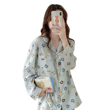 Print Long Sleeve Pajamas Cute Pattern Comfortable Colorfast Breathable Loose Sleepwear for Home Blue Plaid L