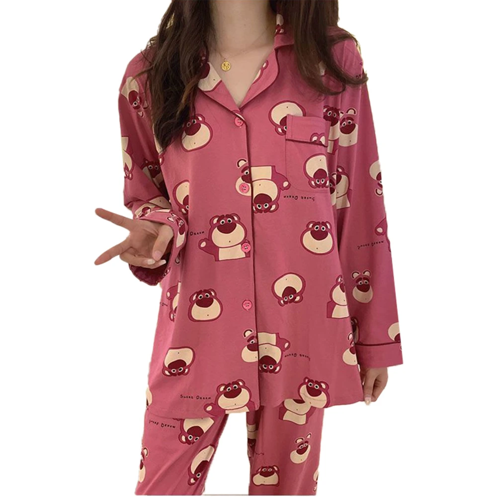 Bear Pattern Women Printed Pajamas Suit Long Sleeve Breathable Soft Female Sleepwear Nightwear for Bedroom Rose Red M