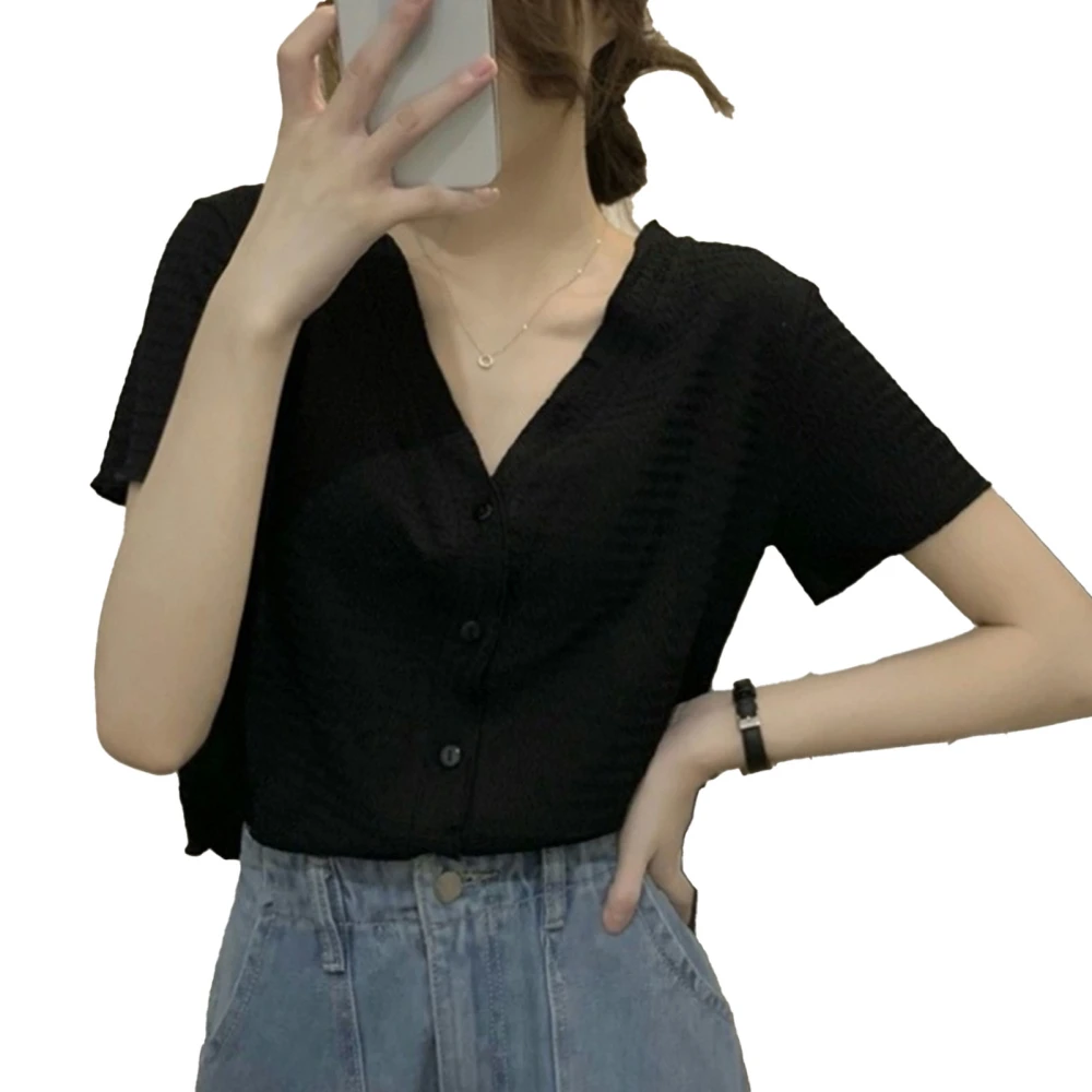 Women Short Sleeve Shirt V Neck Sweet Elegant Wear Resistant Breathable Comfortable for Daily Wear Black Free Size for 35-62.5KG