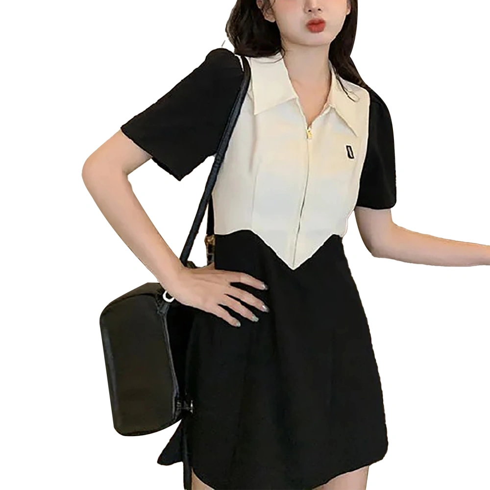 Short Sleeve Dress Turn Down Collar Zipper Front Slim Fitted Color Block Fashionable Short Dress for Summer Black M