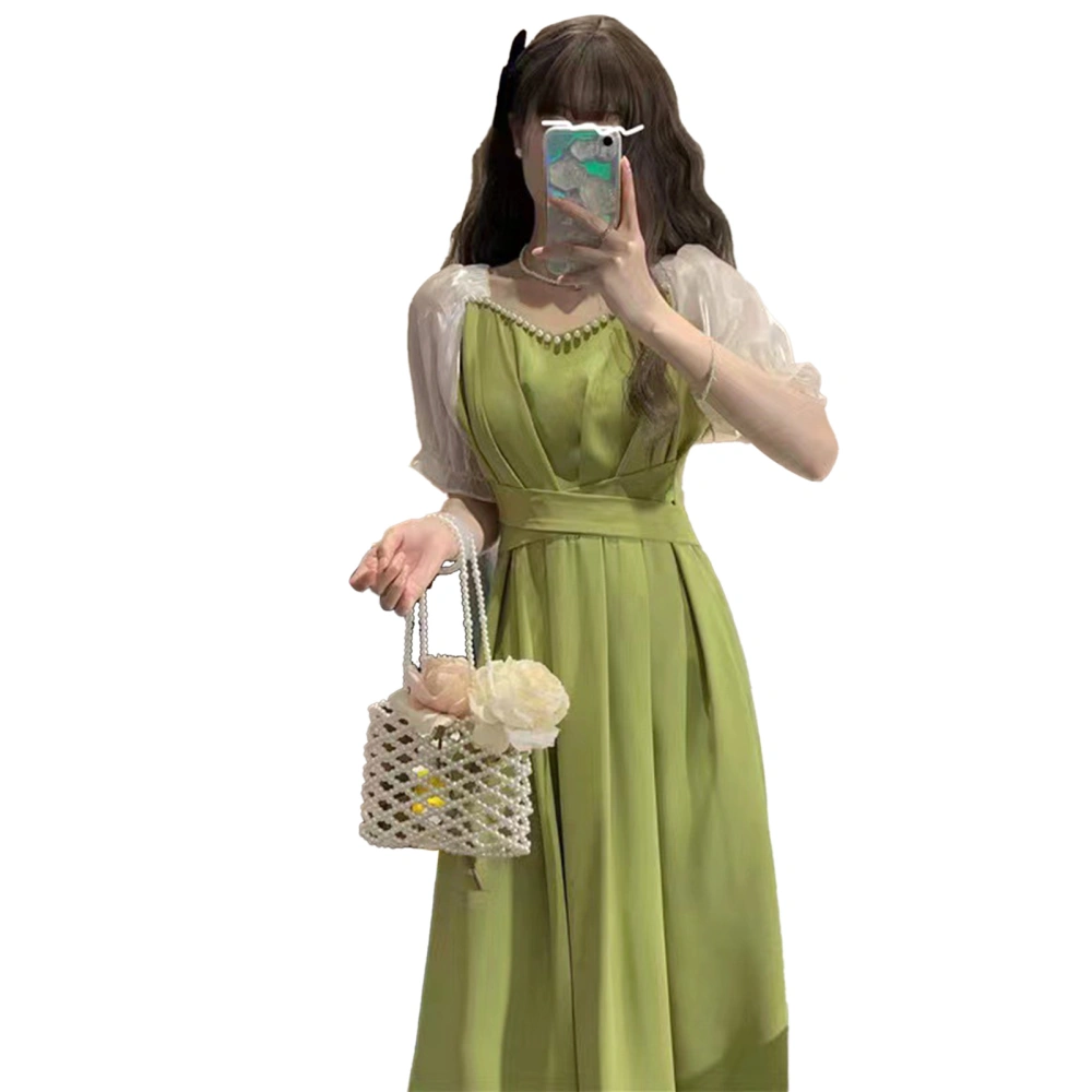 Puff Sleeve Dress Pearl Decor Square Neck Waist Tie Elegant Sweet Women Summer Dress Green L