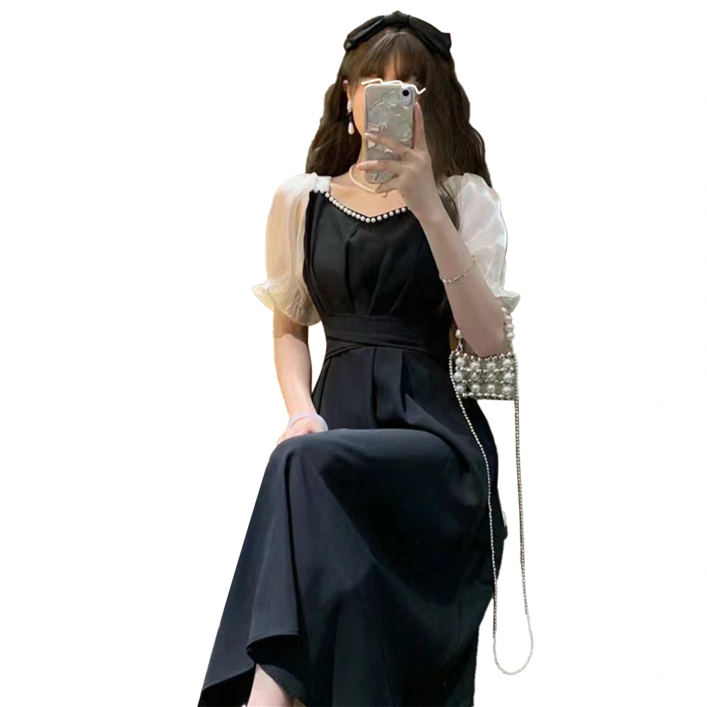 Puff Sleeve Dress Pearl Decor Square Neck Waist Tie Elegant Sweet Women Summer Dress Black L