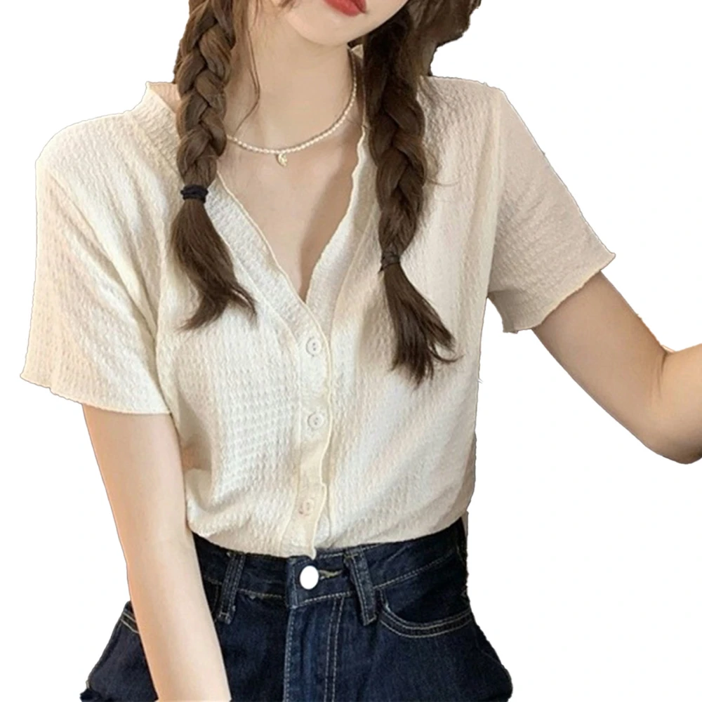 Women Short Sleeve Shirt V Neck Sweet Elegant Wear Resistant Breathable Comfortable for Daily Wear Apricot Free Size for 35-62.5KG