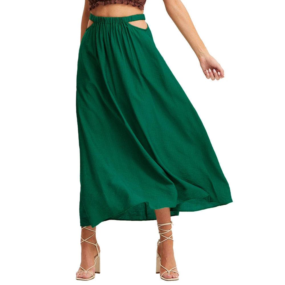 Women Elastic High Waist Skirt Cut Out Waist Ankle Length Elegant Casual A Line Retro Pleated Midi Maxi Skirt Dark Green M