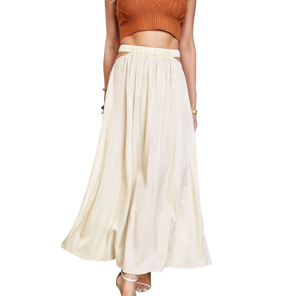 Women Elastic High Waist Skirt Cut Out Waist Ankle Length Elegant Casual A Line Retro Pleated Midi Maxi Skirt Beige L