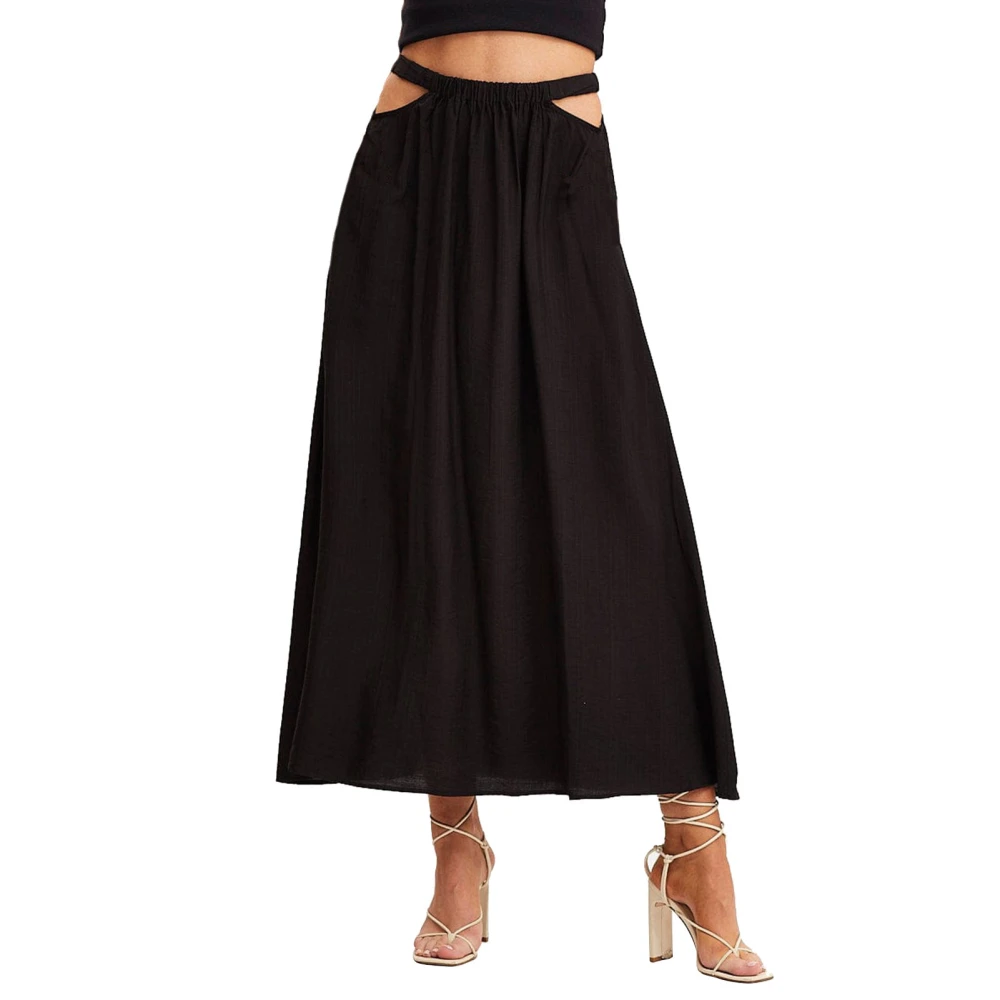 Women Elastic High Waist Skirt Cut Out Waist Ankle Length Elegant Casual A Line Retro Pleated Midi Maxi Skirt Black L