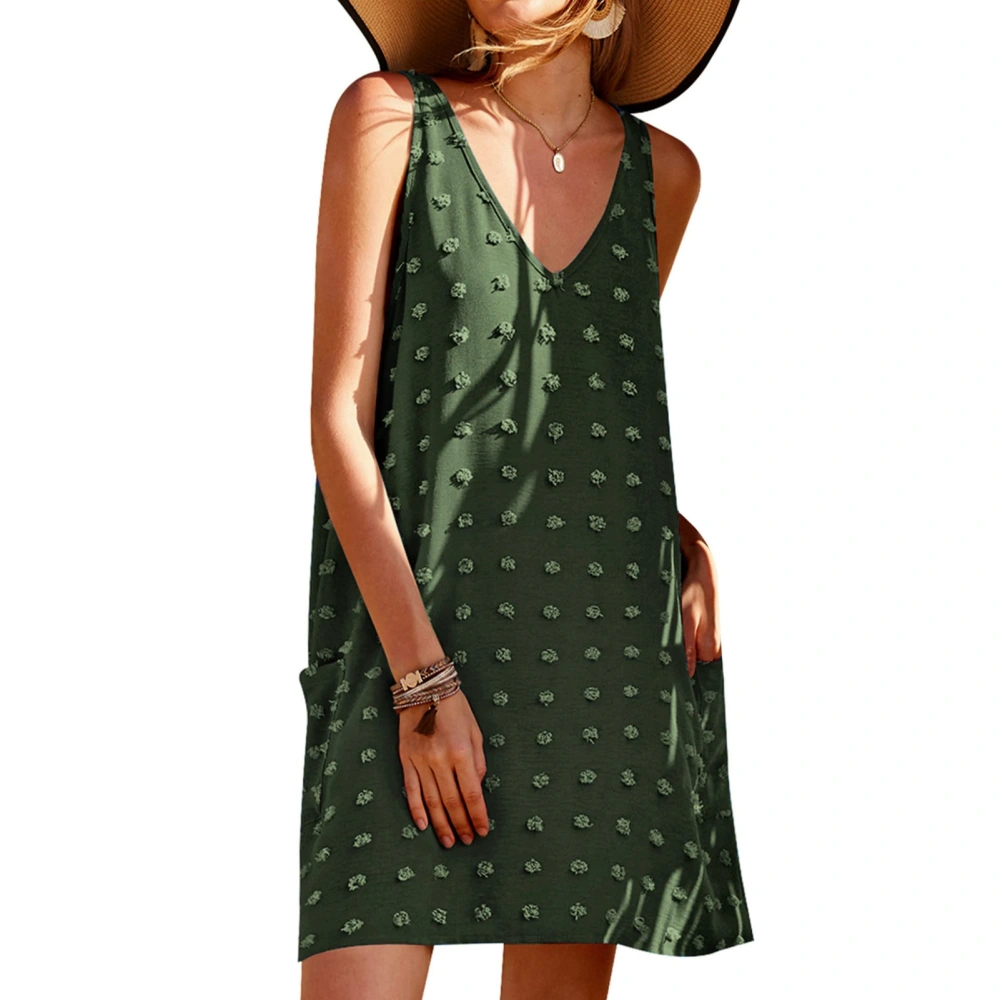 Womens Casual Sun Summer Dresses V Neck Dot Beach Cover Up Tank Dress with Side Pockets OD Green M