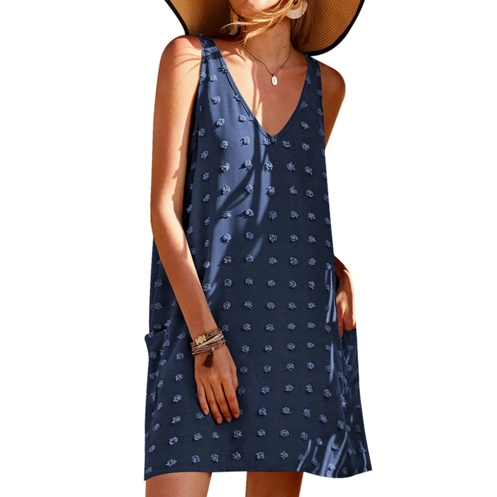 Womens Casual Sun Summer Dresses V Neck Dot Beach Cover Up Tank Dress with Side Pockets Blue S